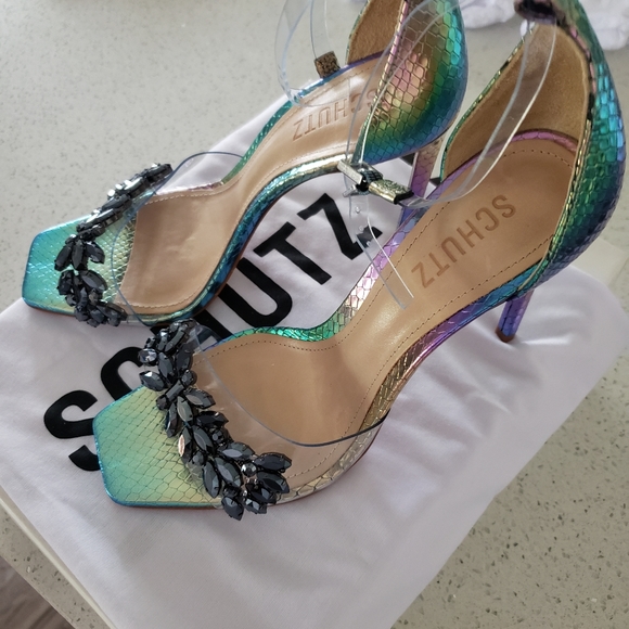 Schutz Shary Iridescent Crystal-Embellished Sandals in Rainbow Light - Picture 9 of 13